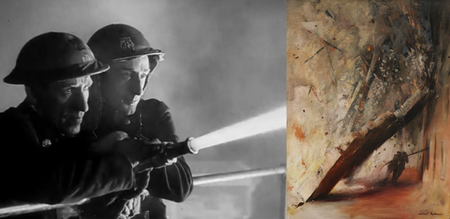 Screen capture of Fires Were Started (1943) and painting of firemen under falling wall