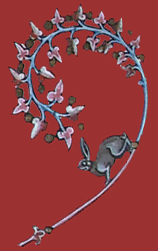 Detail of a rabbit from the ornamental border to f.189r of MS B.21, the Speculum Historiale of Vincent of Beauvais (French, early 14th century).