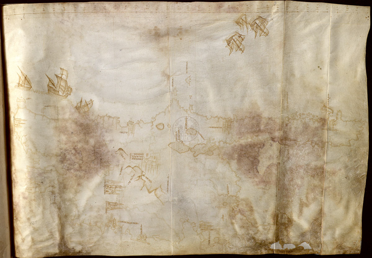 Mapa de La Española. Reproducido con permiso del Cabildo Catedral de Sevilla. Biblioteca Capitular Colombina.