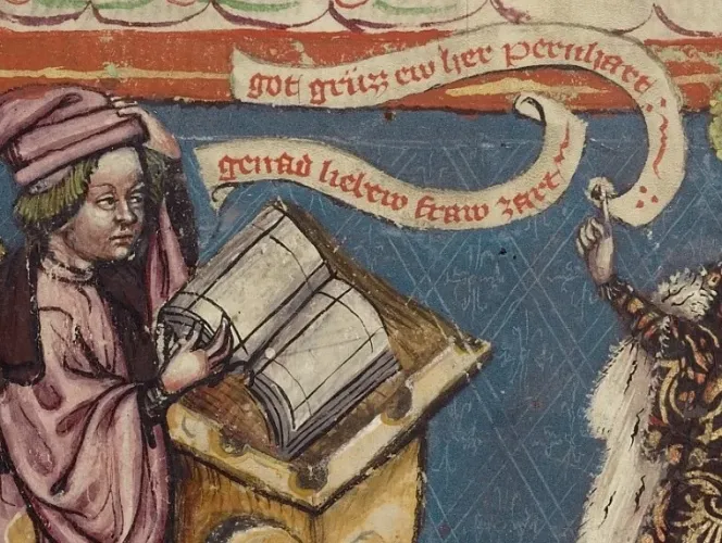 A scribe and a woman, about 1400–1410, by an unknown artist. The J. Paul Getty Museum