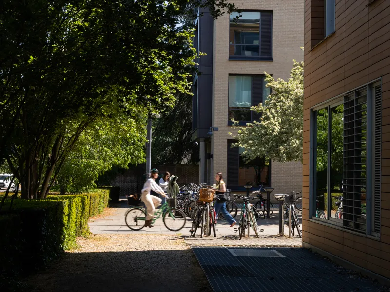 cyclist and pedestrian moving past Faculty building