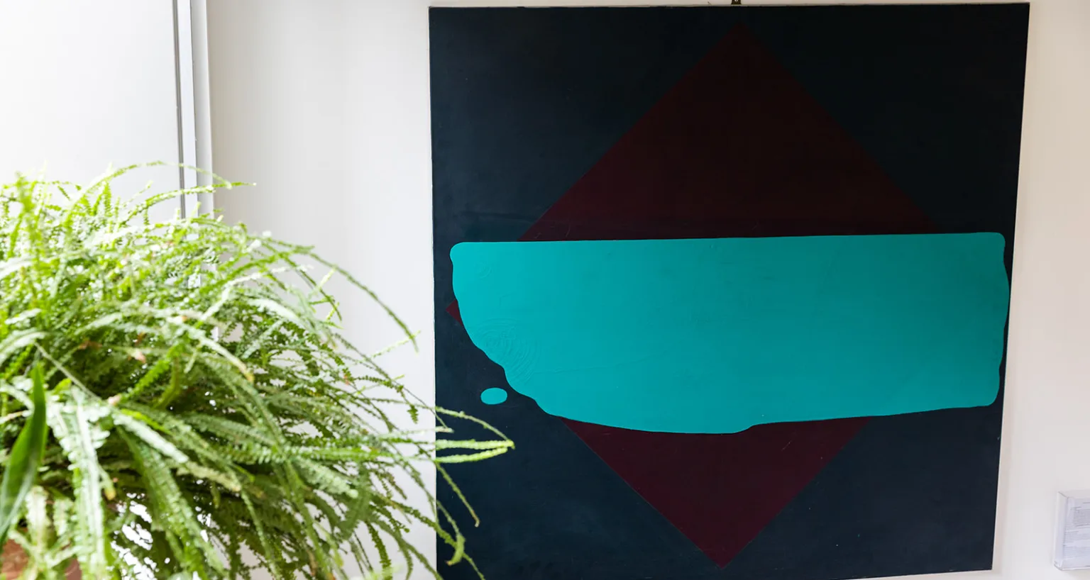 pot plant to the left of a piece of abstract art