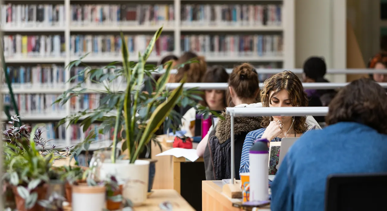 students at desks in library with pot plants to left