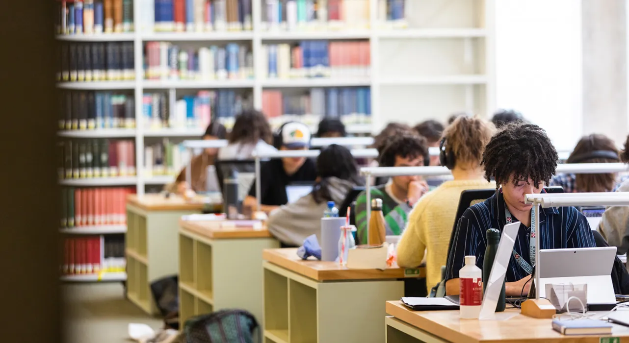 students working at library desks