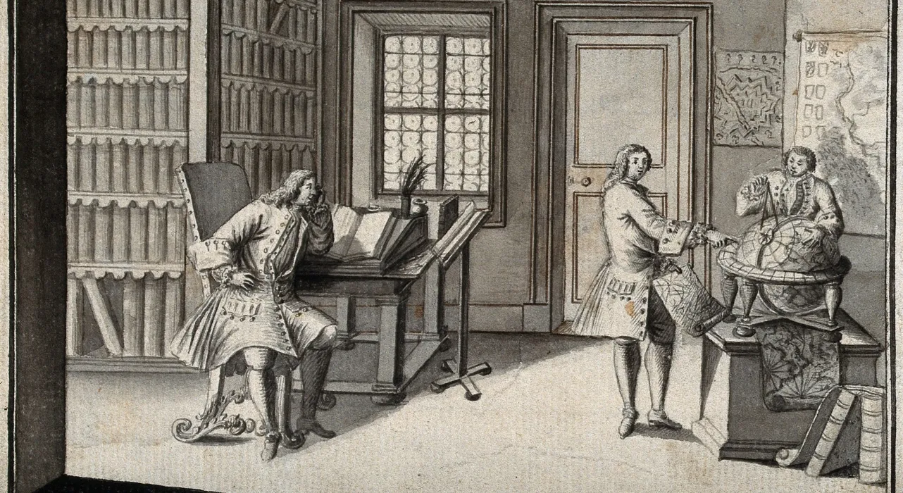 Three men in a library, one seated, two others using a large globe and charts. Pen and ink drawing