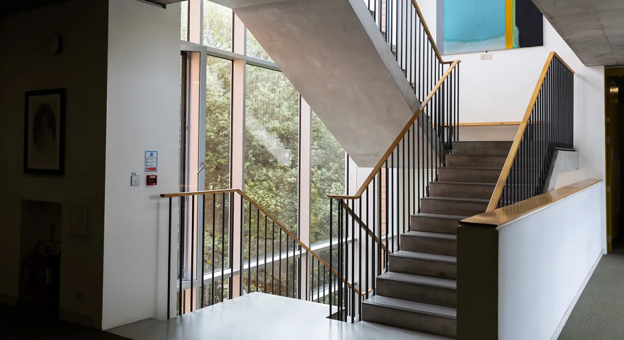 staircase with abstract art