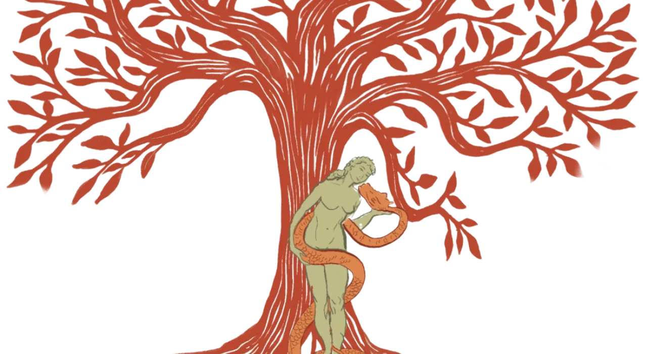 A tree with root entwined around naked Eve
