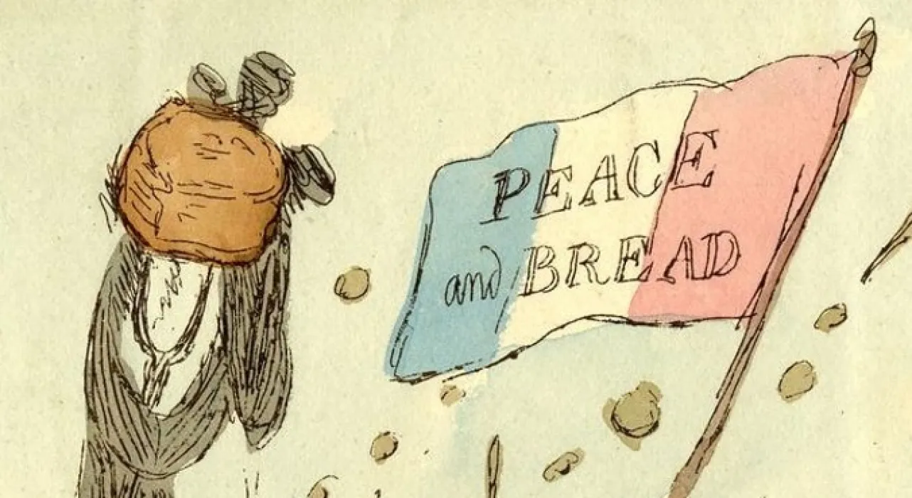 An illustration of a French flag with the words 'Peace and Bread' written on it.