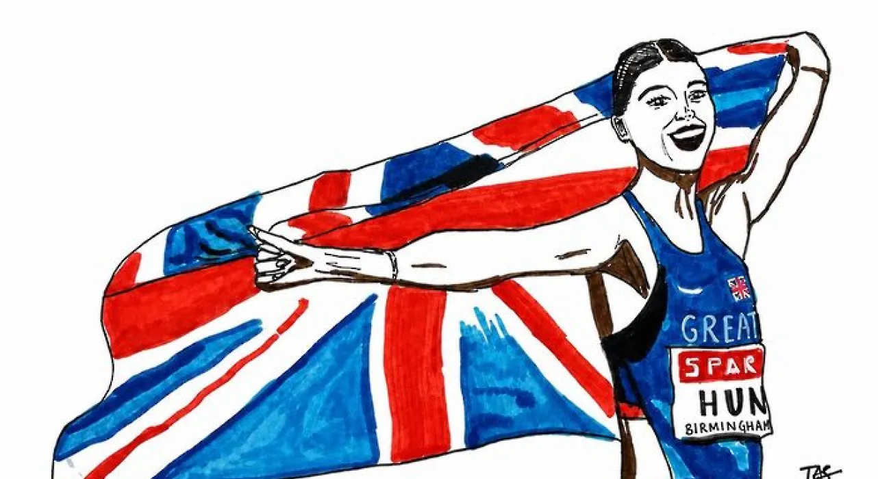Hand drawing of Amy Hunt with Union Jack flag by Tatty Anton-Smith for Varsity