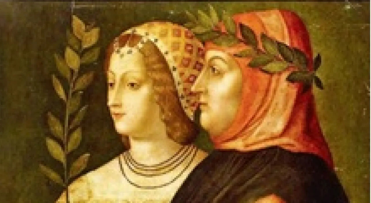 two painted figures, one wearing laurels, the other bearing them