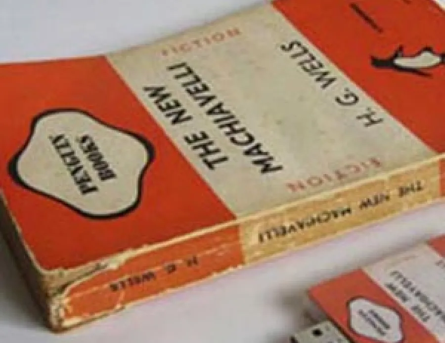 a worn Penguin paperback of The New Machiavelli, with a usb stick beside it made to look like the book