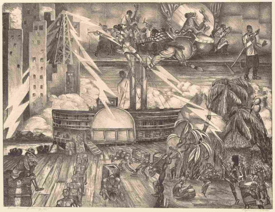 Evolution of Swing illustrates the development of swing music from its origins in rural Africa, represented by the scene at lower right, through the enslavement of Africans by white Americans, to the urban centers of the twentieth century.