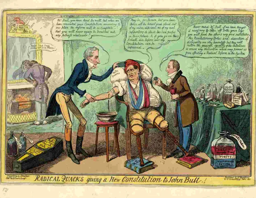 John Bull, mutilated and very ill, sits in a chair between two doctors, Burdett (left) and Hobhouse (right). His legs have been amputated above the knee; the peg-legs are inscribed respectively 'Universal Suffrage' and 'Religious Freedom'; each rests on a book: 'Rights of Man' and 'Age of Reason' (by Paine, one republican, the other deist).
