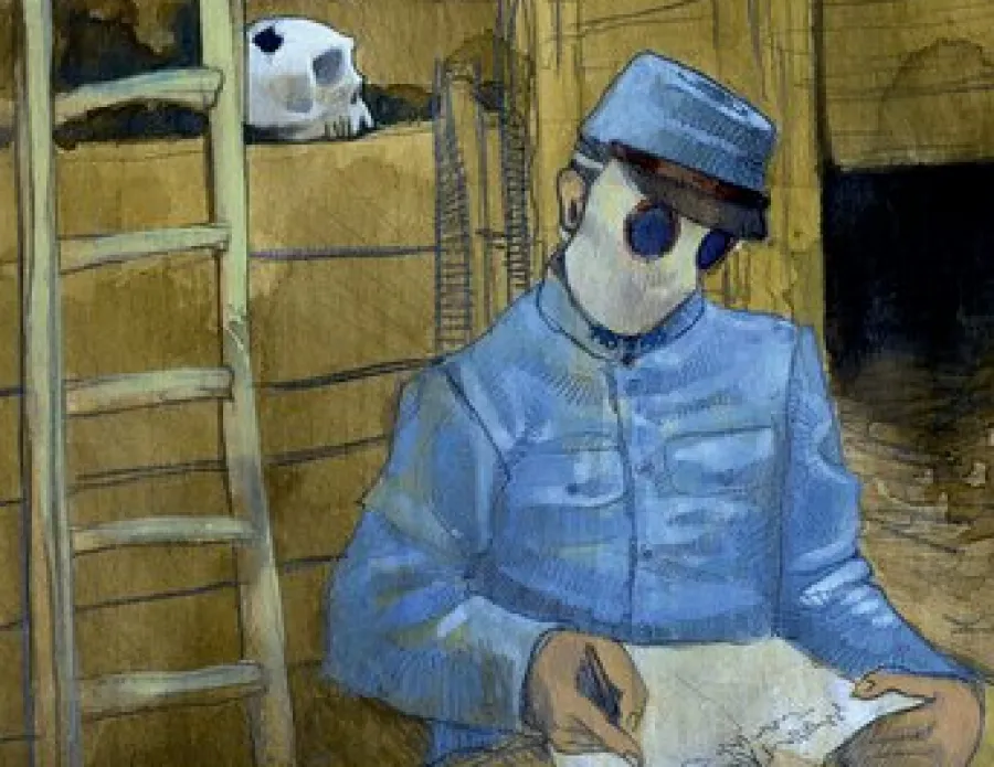 frontcover showing someone writing in mask