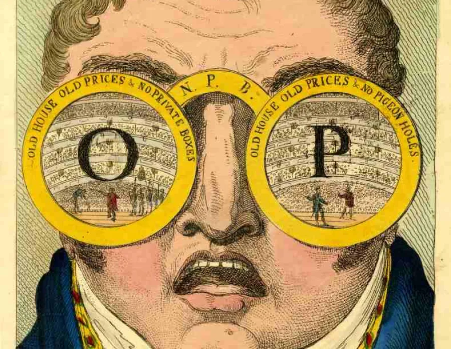 The full face of Clifford, based on a fashionably swathed neck-cloth and high coat-collar, fills the design. The mouth is open as if shouting. The eyes and part of the cheeks are covered by circles representing huge spectacles. Each contains a symmetrical view of Covent Garden Theatre seen from the stage, showing pit, three tiers of boxes, and the centre of the two galleries (the 'pigeon-holes' not appearing), all crowded. The views differ only in the performers on the stage, two actors on the right (one cl
