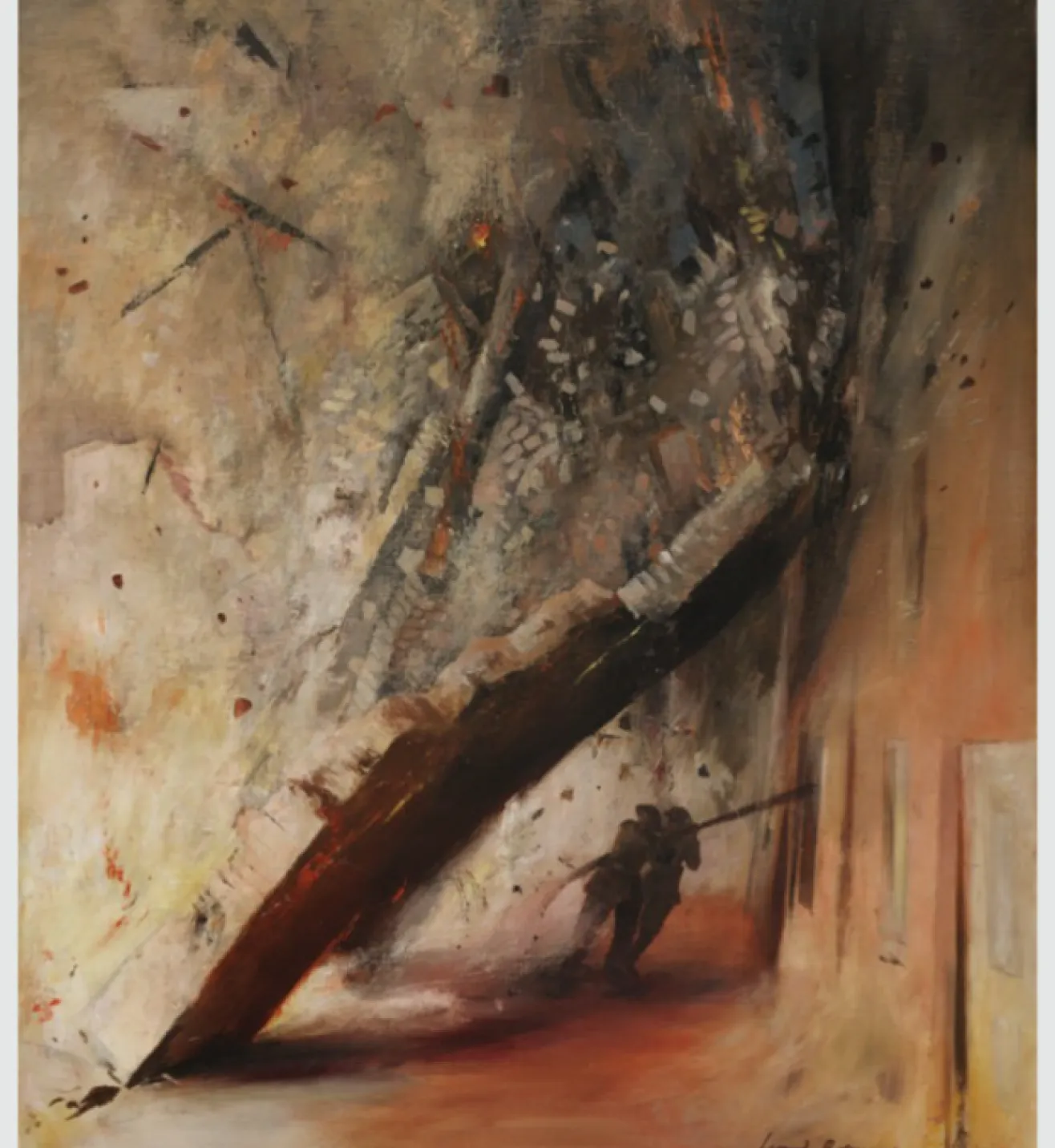 A 1940 painting, collapsing wall dissects the scene as it is about to bury two firemen. Debris, fire and smoke fill the view.