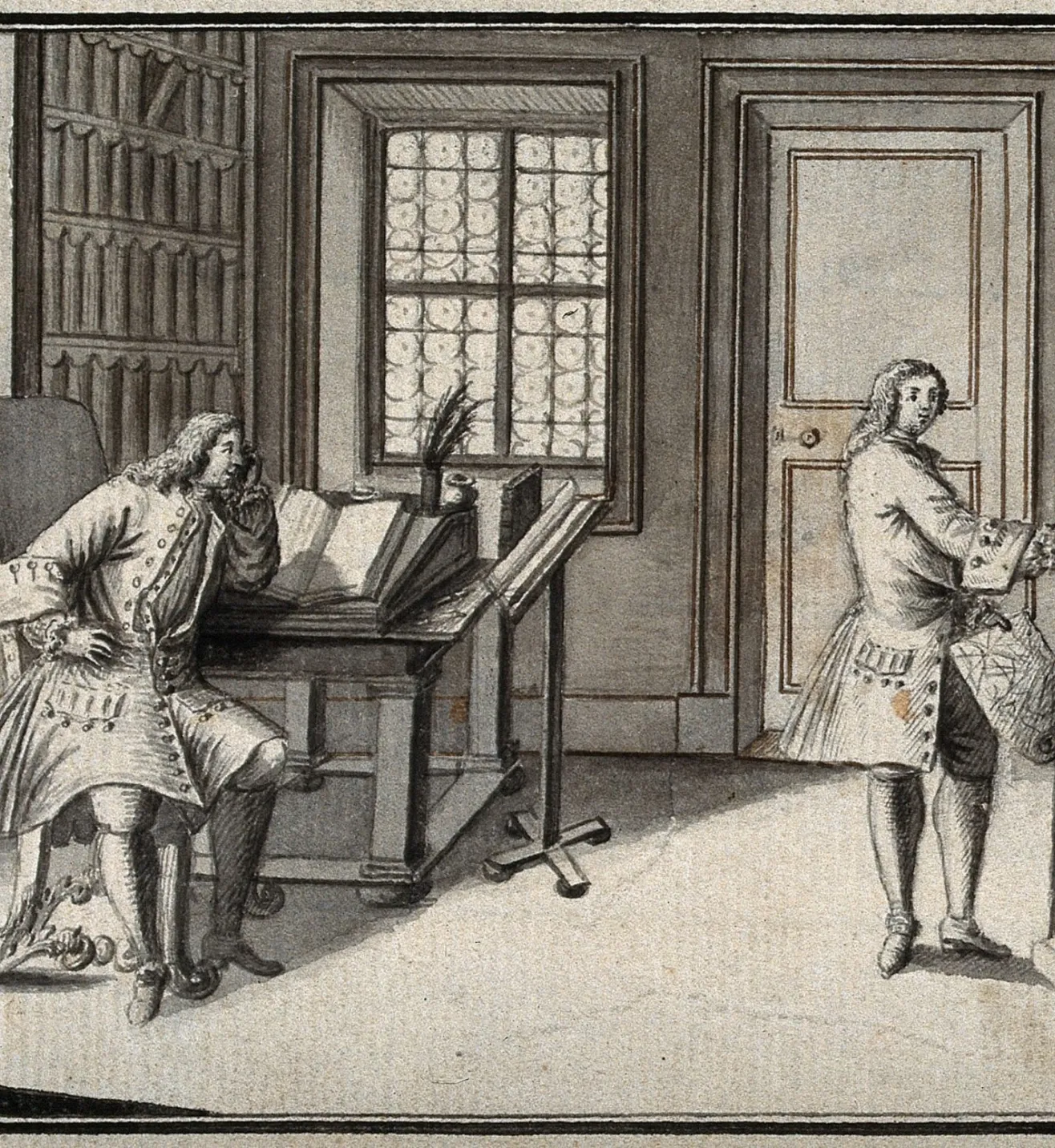 Three men in a library, one seated, two others using a large globe and charts. Pen and ink drawing